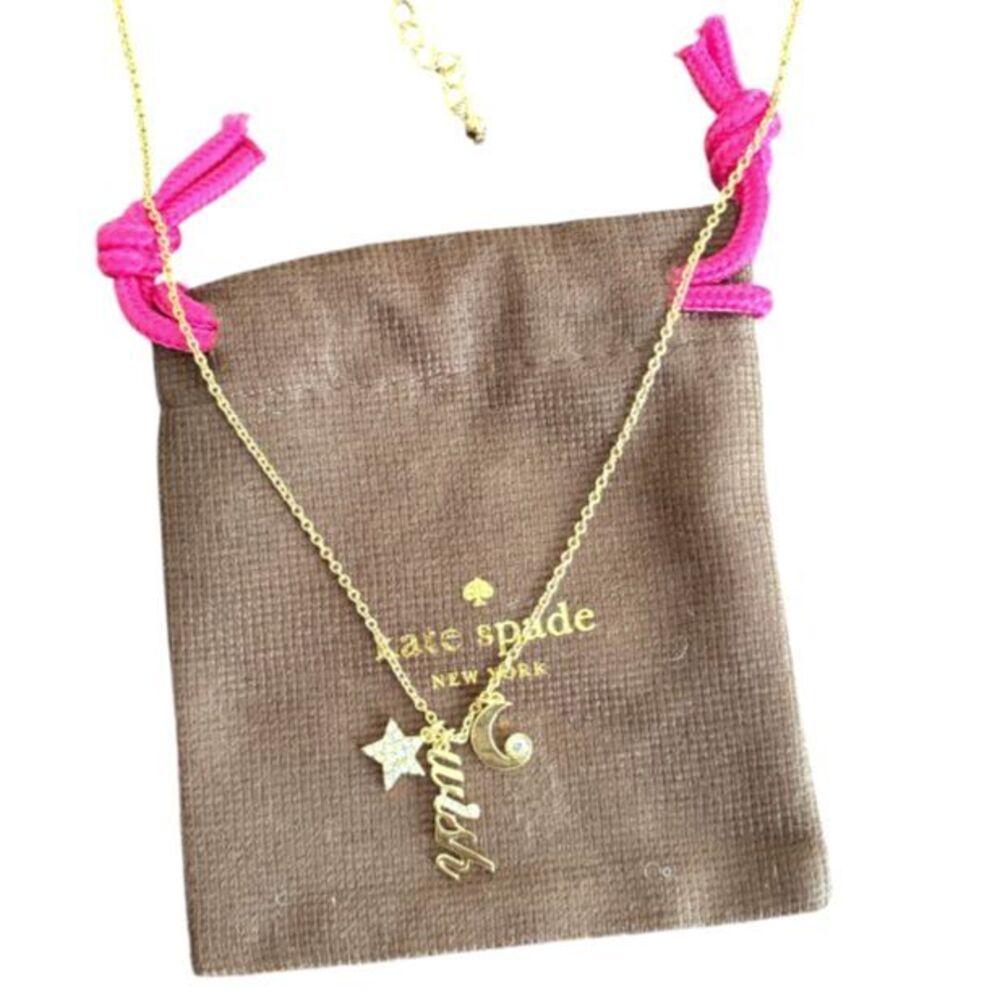 Kate Spade Midnight Wish Script Celestial Pendant Necklace Star & Moon Gold Tone